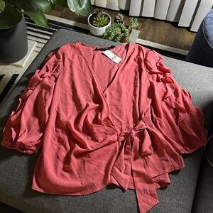 NWT New York & Company Coral Ruffle Sleeve Wrap Blouse